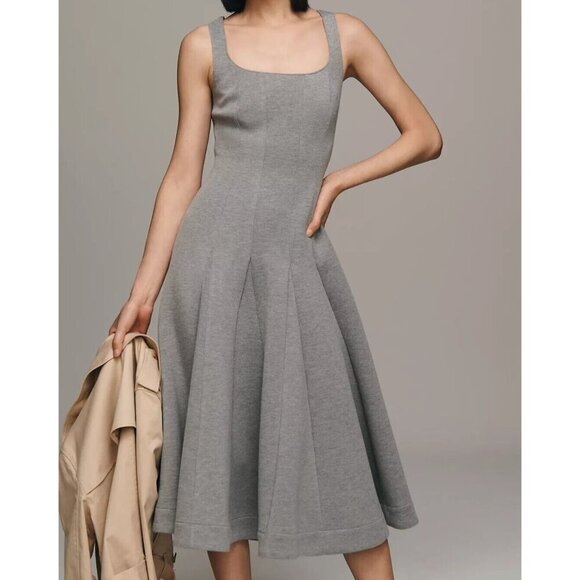 Du Paradis Anthropologie Grey Full Skirt Neoprene Midi Dress L - Picture 4 of 4